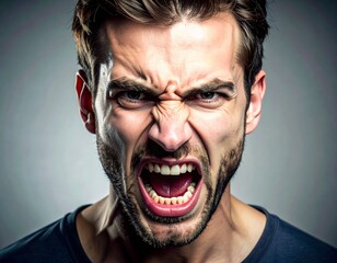 Angry person: expressive facial features showing furrowed brows, clenched jaw, and intense eyes bold