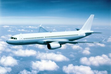 Obraz premium Commercial airplane circling in the sky over clouds during daytime near urban area, An unbranded commercial airplane circling in the sky as it awaits its position to land