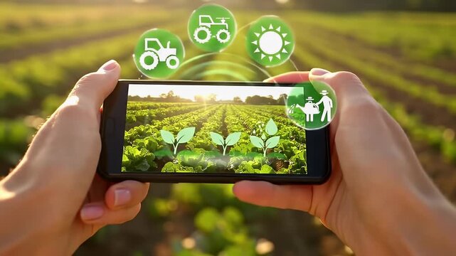 Hands holding a smartphone displaying a field with augmented reality icons representing smart farming technology and sustainable agriculture.