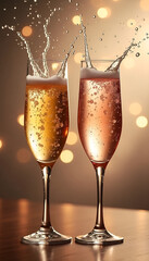 Two champagne glasses with sparkling liquid, capturing a dynamic splash against a festive golden backdrop.