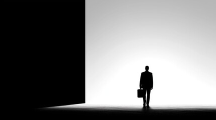 Silhouette Of A Person Walking Towards A Bright Light, Black And White Minimalist Photography