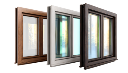  Generate three views, two of which show the front and side view with different wood grain color schemes, all in Transparent background PNG