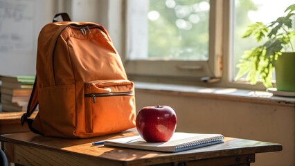 Orange Backpack Apple Notebook School Desk