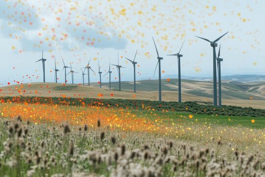 Wind turbines generate energy in a vibrant field with dynamic data visualization patterns across the landscape, Wind turbines in field with data visualization showing testing percentages and graphs - Powered by Adobe