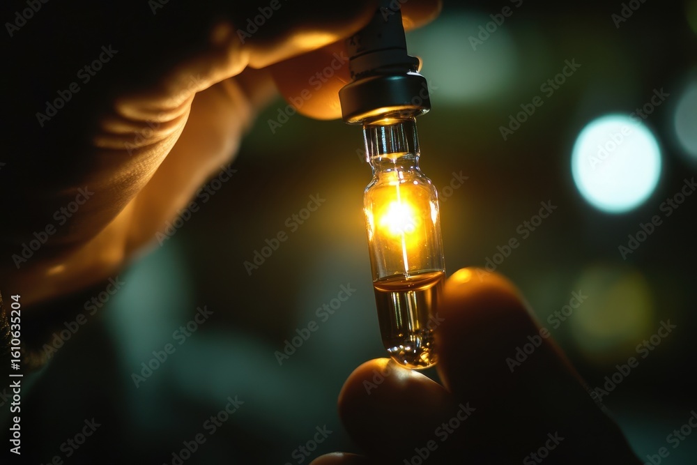 Poster scientist examines experimental ampoule with glowing contents in laboratory setting, scientist selec
