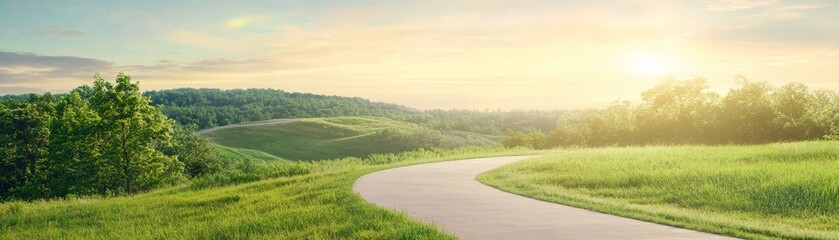 Fototapeta premium Winding country road through picturesque green fields and trees, a scenic landscape photo.