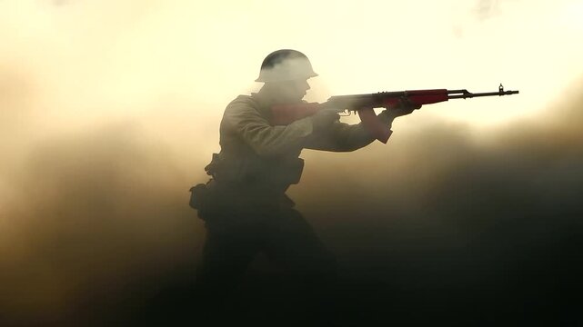 A Red Army soldier dressed in an authentic Soviet World War II uniform, carrying a PPSh-41 submachine gun, advancing into battle during a historical reenactment