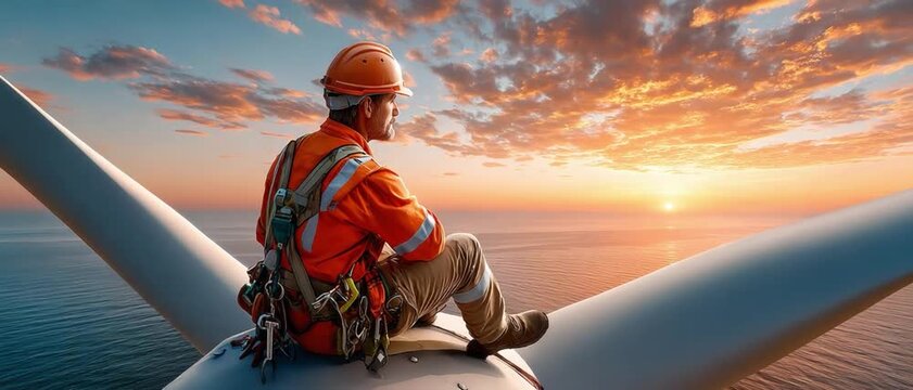 Wind Energy Contemplation: An engineer, safely secured, contemplates a beautiful sunset atop a wind turbine. The scene captures the essence of sustainable energy and human-environment interaction.