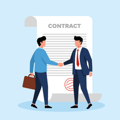 Illustration of two businessmen shaking hands in front of a signed contract, symbolizing a business agreement and partnership.