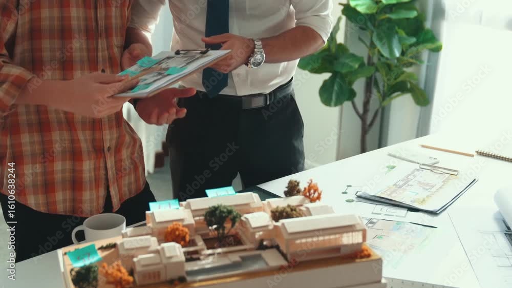 Poster smart architect or civil engineer writing building structure idea on note and stick on blueprint. ae