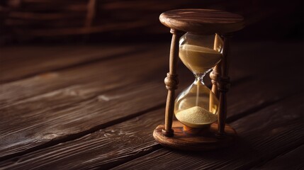 A close-up of an hourglass with sand trickling from the top bulb to the bottom on a wooden surface,