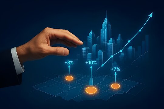 A businessman gestures towards a digital cityscape with rising growth indicators, representing financial success and investment opportunities