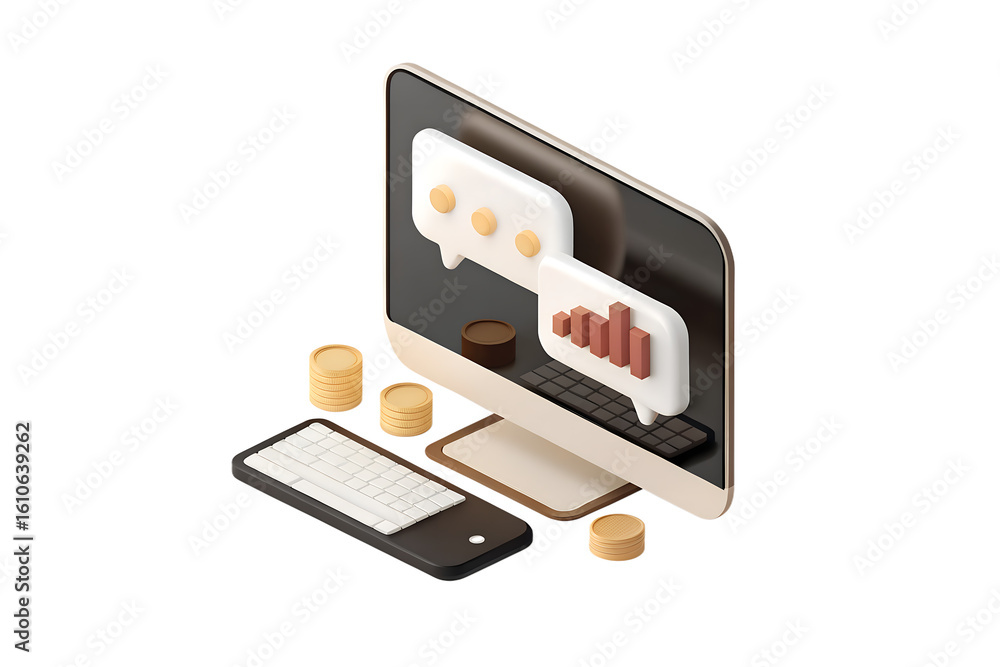 Aufkleber isometric digital marketing concept with computer screen showing analytics and growth charts with co