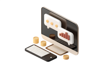 Isometric digital marketing concept with computer screen showing analytics and growth charts with coins and smartphone