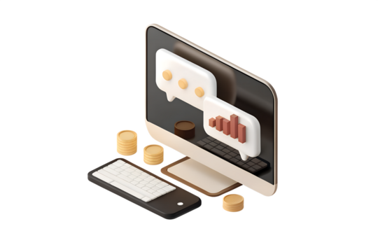 Isometric digital marketing concept with computer screen showing analytics and growth charts with coins and smartphone