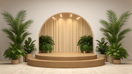 Fototapeta premium Elegant arch stage with lush green plants and spotlight illumination