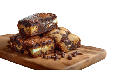 Delectable stack of gourmet brownies with chocolate chips on wooden serving board on transparent background