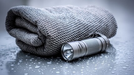 Outdoor camping scene with a folded gray towel and silver flashlight, surrounded by hiking gear, lanterns,