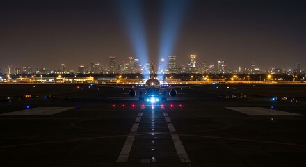 Airplane on Runway at Night with City Skyline in Background Aviation Industry and Air Transportation Concept Commercial Airplane Ready for Takeoff
