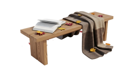 Wooden bench with book and autumn leaves isolated on transparent background