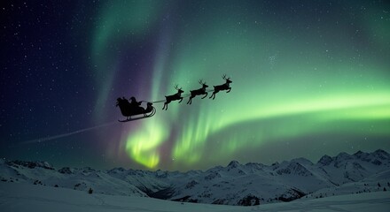 Santa's sleigh flying across aurora borealis with reindeer over snowy mountains