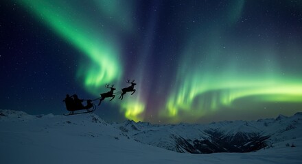 Santa's sleigh flies across the stunning aurora borealis above snow-covered mountains at night