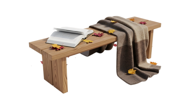 Wooden bench with book and autumn leaves isolated on transparent background