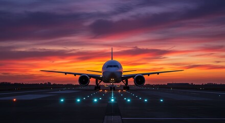 Airplane on runway at sunset dramatic sky commercial aviation travel and transportation scenic airport landscape