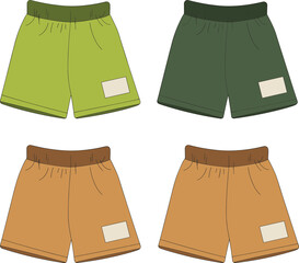 Men&rsquo;s shorts vector illustration, waistband color block design, patch detail, front view CAD sketch, summer wear, fashion clothing template