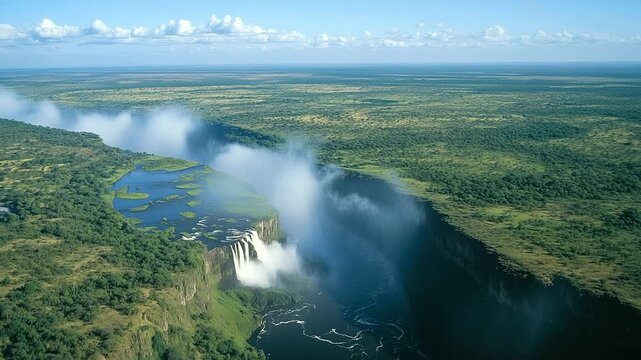 Describe the breathtaking view of Victoria Falls from both Zimbabwe and Zambia, where the thunderous waterfall plunges into the Zambezi River gorge, mist rises high, and rainbows