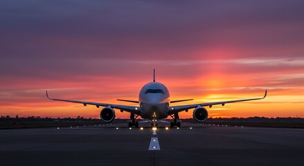 Fototapeta na wymiar Airplane on the runway at sunset preparing for takeoff with vibrant colors in the sky travel concept