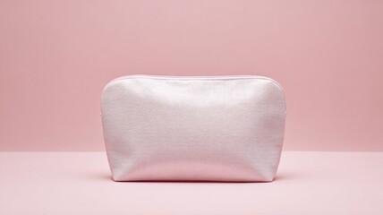 Fototapeta premium A light pink satin makeup pouch on a matching backdrop showcases its delicate texture and sewing details,