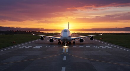 Boeing 747 on Runway at Sunset Preparing for Takeoff with Beautiful Orange Sky and Distant Mountains