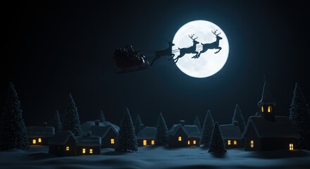 Santa's sleigh soaring over winter village in moonlight, spreading holiday cheer and Christmas magic