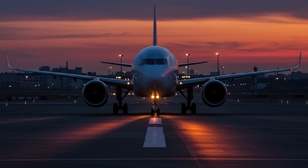 Commercial Airplane at Dusk Preparing for Takeoff with Beautiful Sky in Background Airport Runway Perspective View