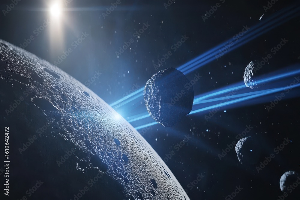 Poster asteroids traveling through the solar system with luminous trails in deep space, 3d of asteroids fly