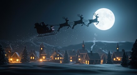 Experience Christmas magic as Santa's sleigh flies over a snow-covered village under a luminous moon