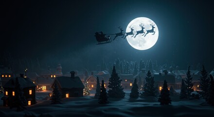 Magical Christmas Eve scene with Santa's sleigh flying over snowy village under full moon