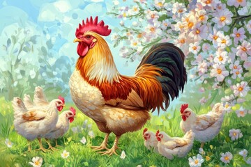 Fototapeta premium Rooster and hens foraging on lush grass under blossoming trees in a tranquil countryside setting, rooster and hens stand on the grass against the background of a flowering tree