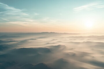 Obraz premium Morning light casts a soft glow over the Yuma Desert revealing vast terrain and misty horizons, Aerial view of Yuma Desert in the morning