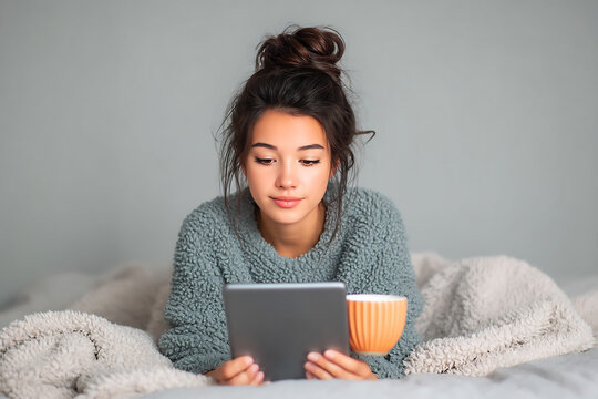 woman with tablet in pastel bed planning day with calendar and tea - Powered by Adobe