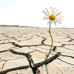 Single daisy growing on cracked soil captured as a symbol of hope and contrast in natural setting