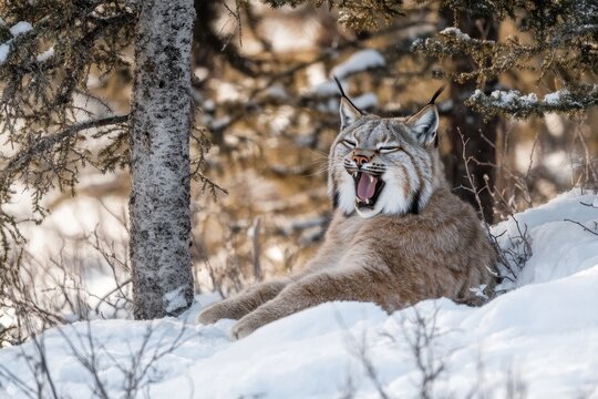 Eurasian lynx yawning in a snowy forest during a cold winter afternoon, Eurasian lynx yawning