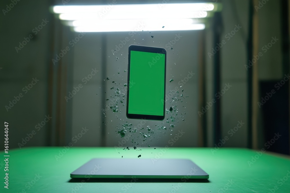 Poster phone rises above surface and transforms in a dynamic environment with a green backdrop, the phone r