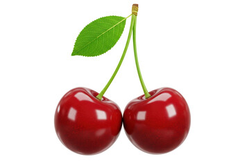 Isolated Pair of Red Cherries with Stem and Leaf