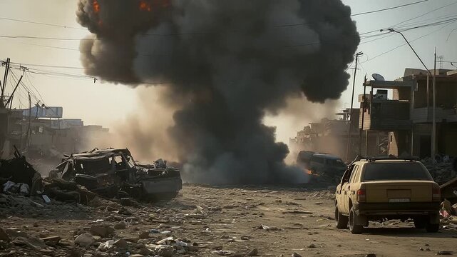 Massive fireball and explosion from a military strike amidst chaotic war-torn town, vehicles in flames, showing the destructive power of warfare