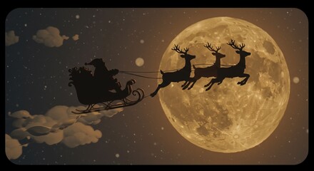 Enchanting Santa silhouette soaring across the moonlit sky with his reindeer for a magical Christmas