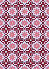 Charming red and light blue pixel art floral pattern