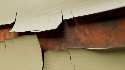 Close up abstract macro photograph of peeling light beige paint revealing textured rust colored surface