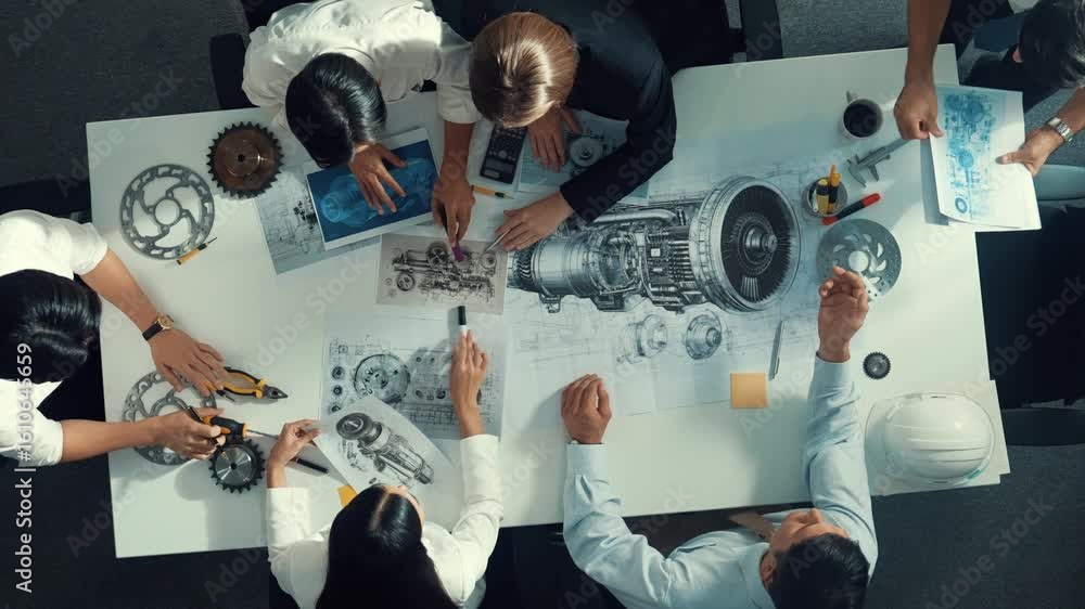 Poster top down view of skilled engineer showing and talking about turbine engine design. aerial view of sk